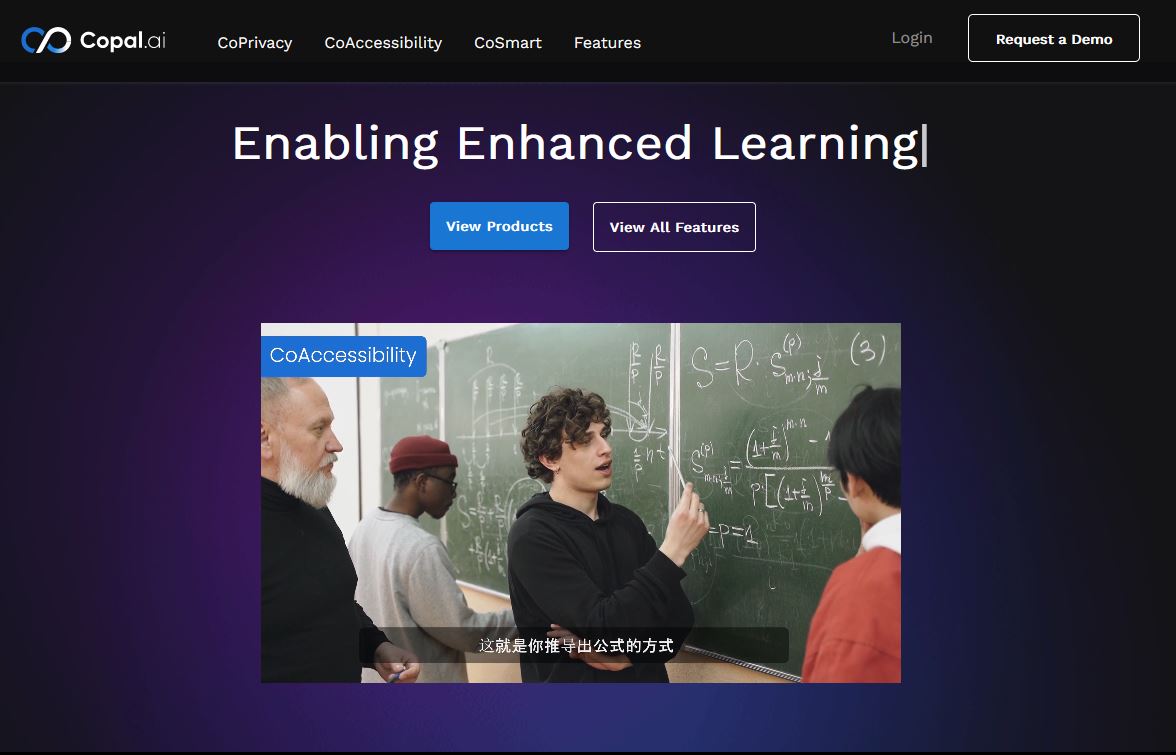 Screenshot of the Copal.ai website showing a video of students and a teacher in a classroom.