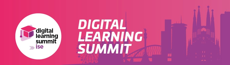 Digital Learning Summit logo and text, with a purple skyline of Barcelona in the background