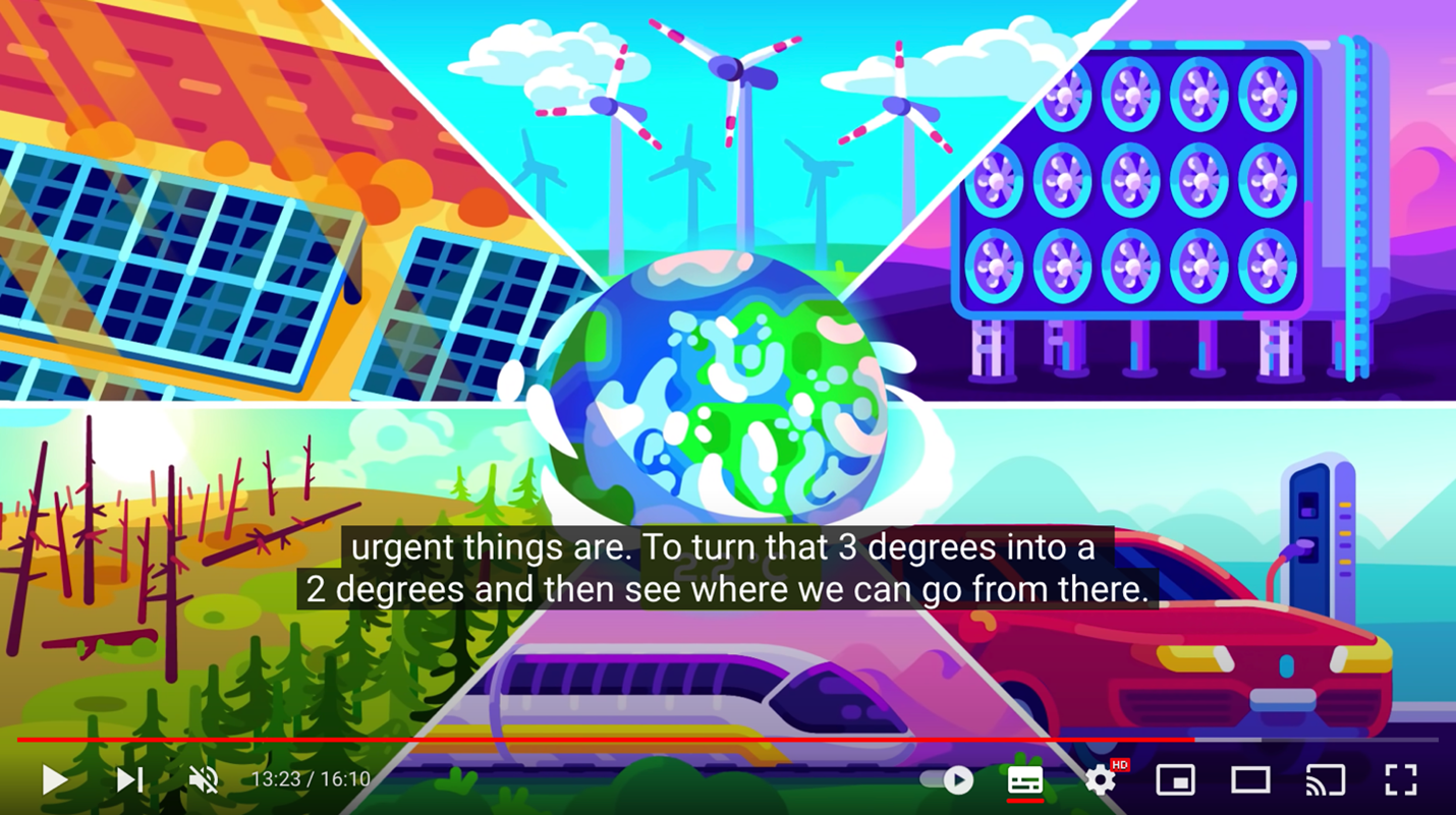 An animated image showing solar panels, wind turbines, carbon capture, a forest fire, a high-speed train, and an electric