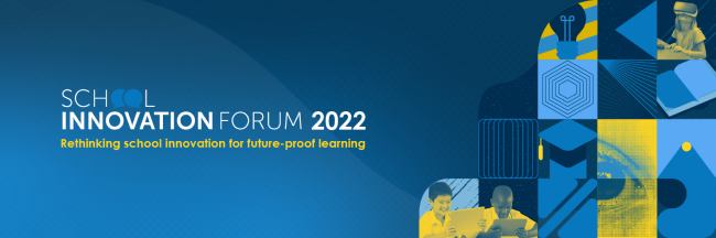 School Innovation Forum 2022 banner with text and abstract illustrations of learning concepts