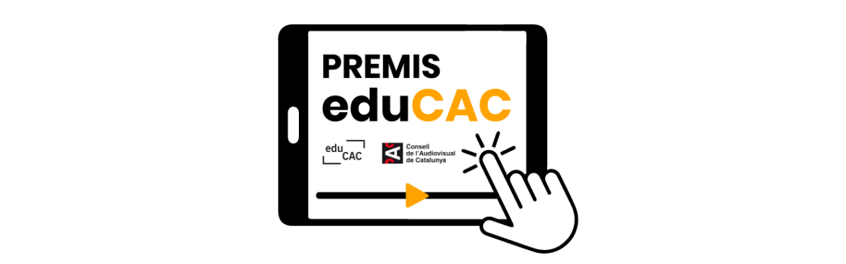 A hand clicking on a tablet screen displaying the text PREMIS eduCAC and the logo of Consell de l'Audiovisual de Catalunya.
