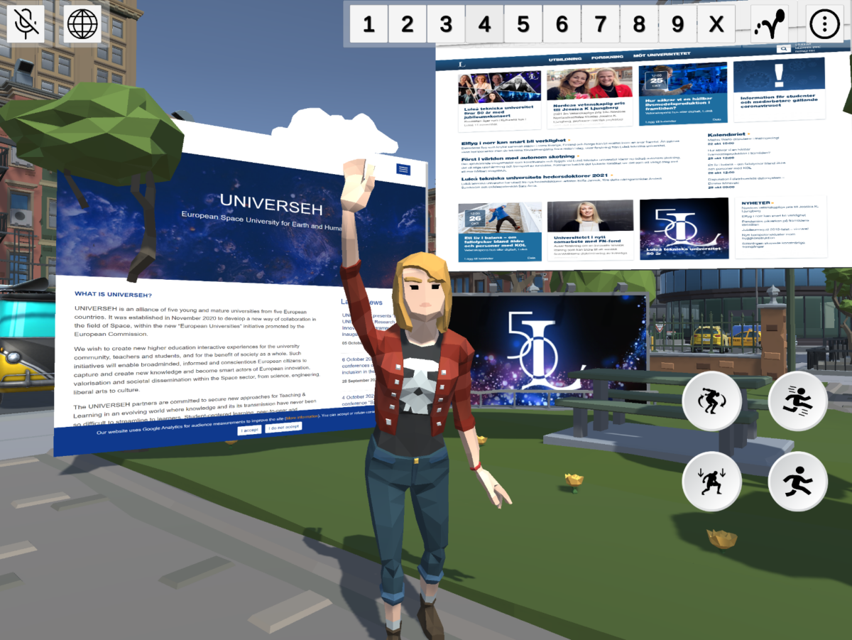 A 3D avatar of a person in a virtual world, with two large screens displaying website content.