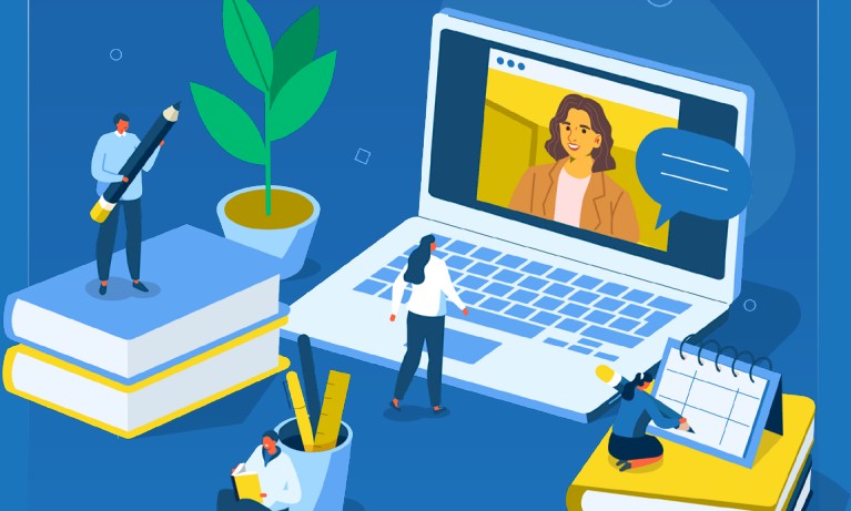 Illustration of people learning online: a person holding a giant pencil, a person on a laptop, a person reading, and a