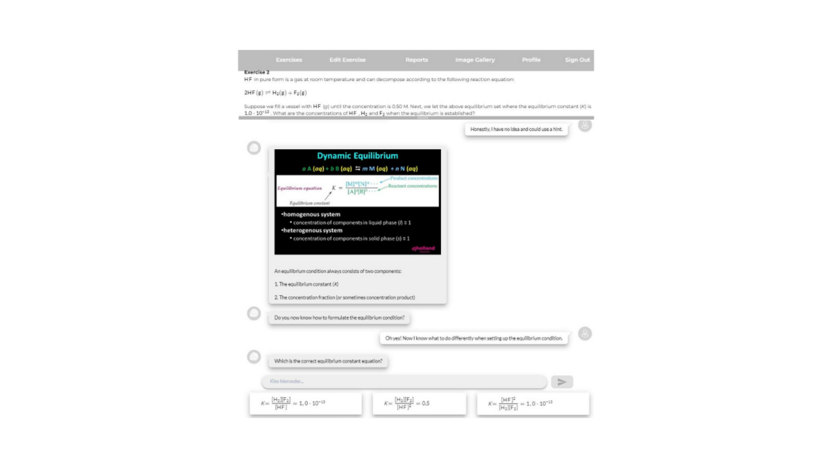 Screenshot of an online learning platform with a chemistry exercise on dynamic equilibrium.