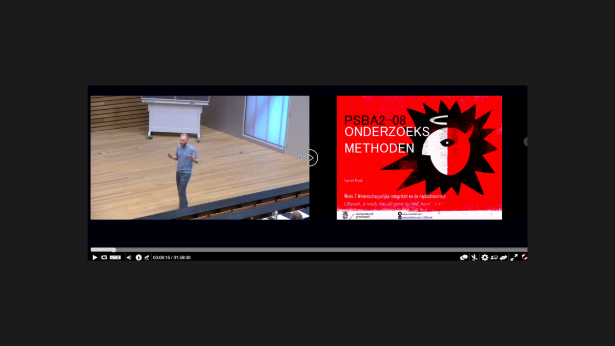 Screenshot of a split-screen video player showing a speaker on the left and a red title card on the right