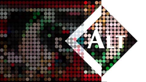ALT Annual Conference 2022 artwork: white ALT text on a diamond shape over a colourful pixelated background