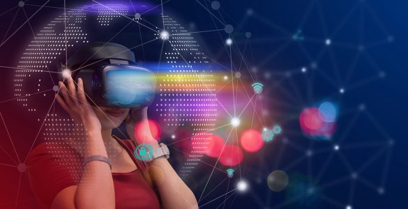 Young girl play VR virtual reality goggle and experiences of metaverse virtual world on colorful. Visualization and simulation, 3D, AR, VR, Innovation of futuristic, Metaverse Technology concepts.