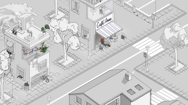 An isometric drawing of a street scene with a cafe, a building with a roof terrace, and trees.