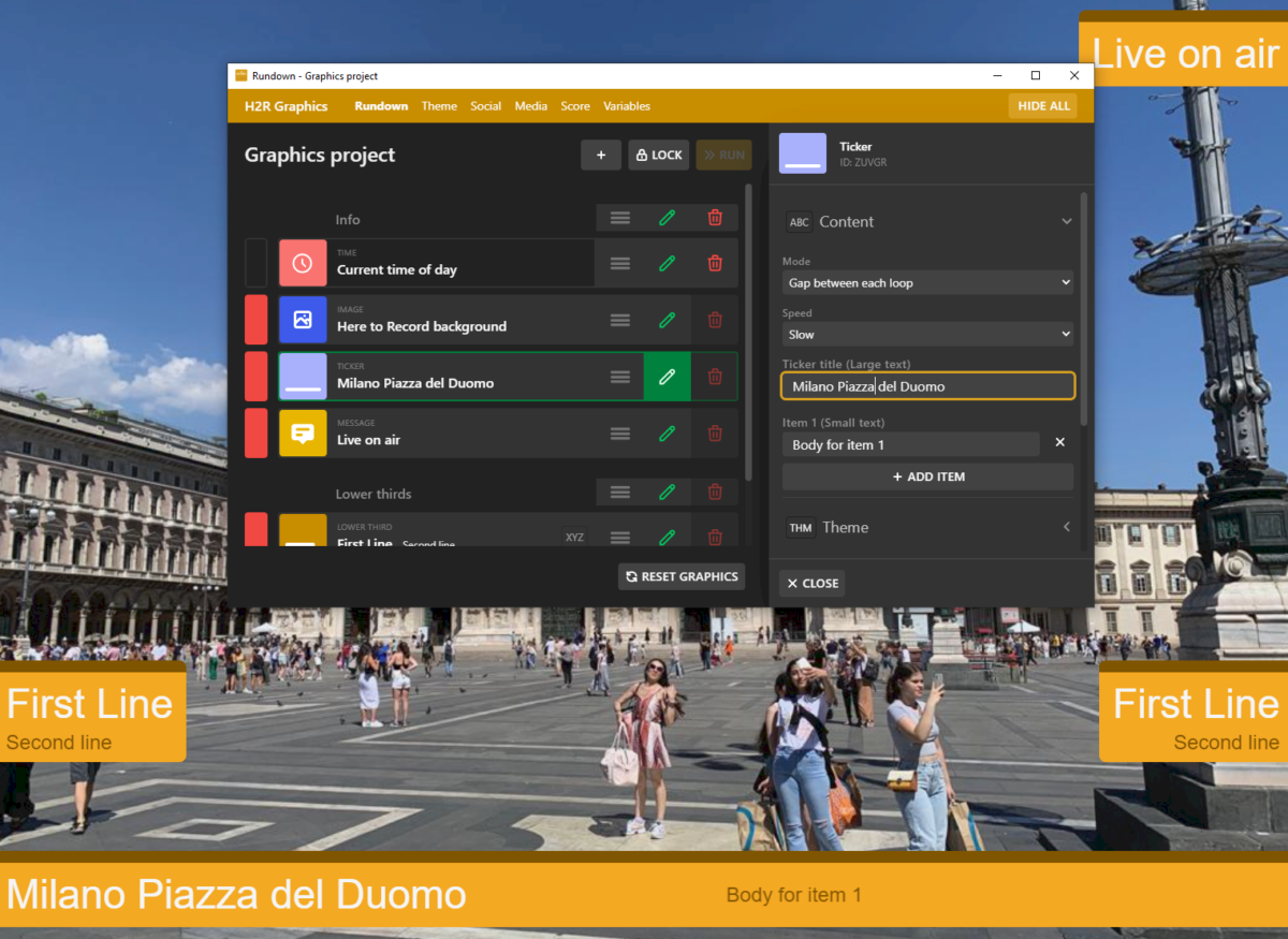 Screenshot of H2R Graphics software interface with a live video background of Milano Piazza del Duomo.