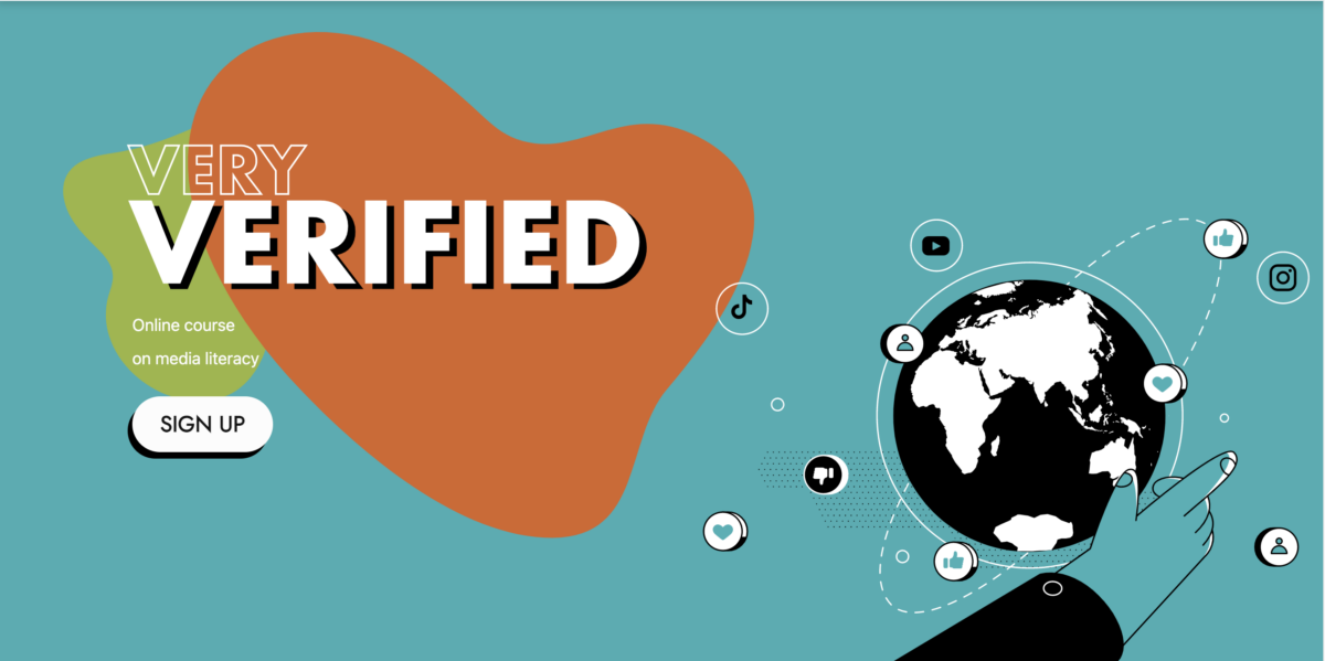 Very Verified online course on media literacy. A hand interacts with a globe surrounded by social media icons.