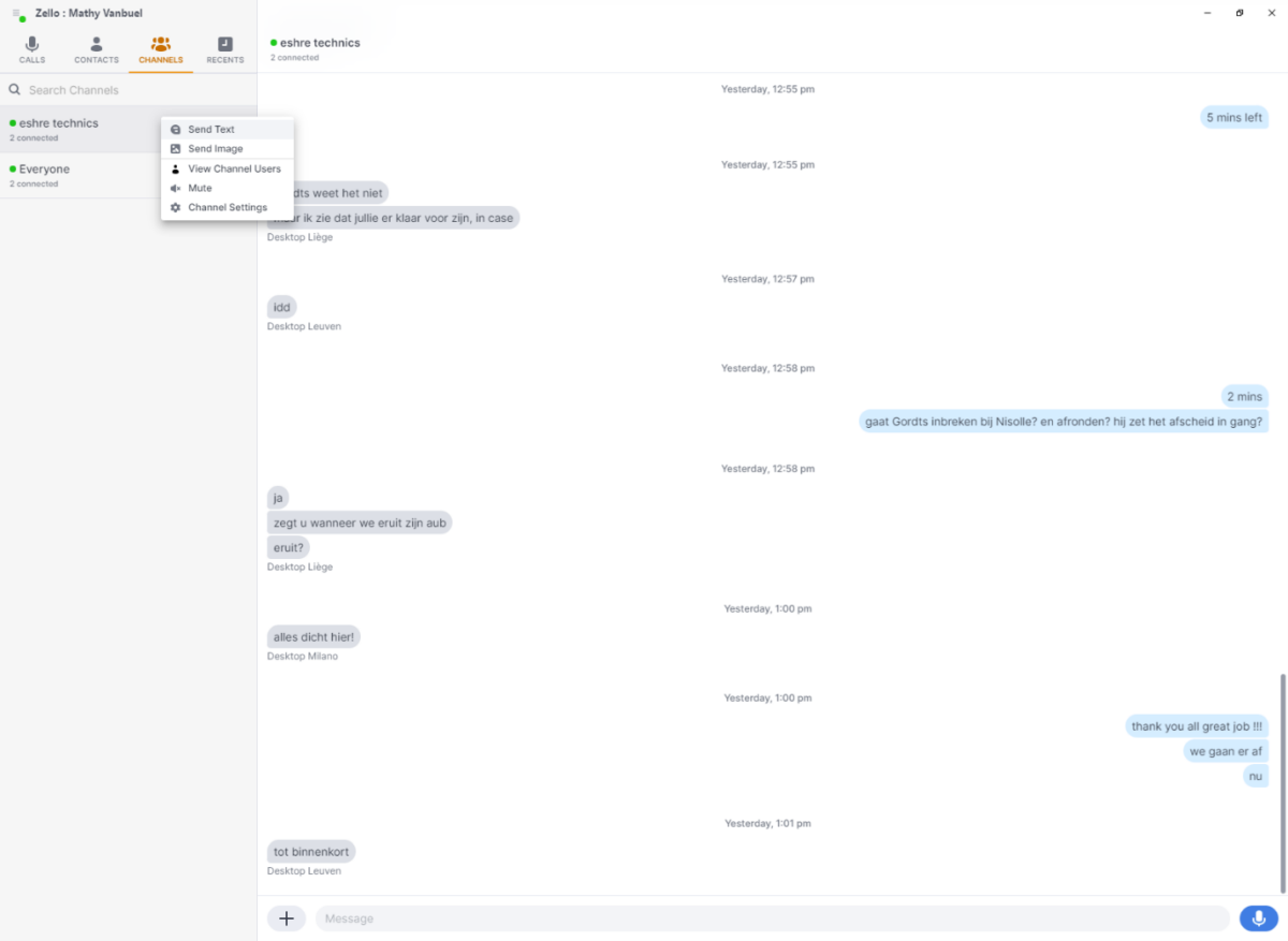 Screenshot of the Zello app showing a chat interface with channels, messages, and a dropdown menu.