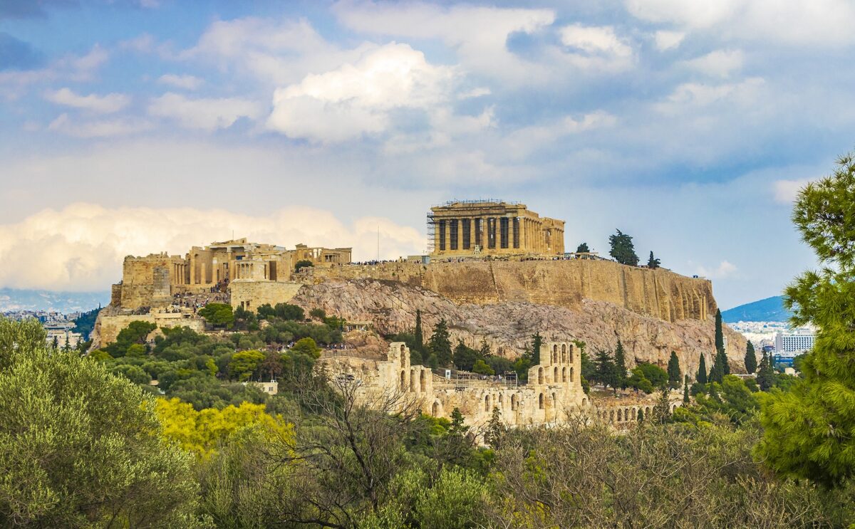 The Acropolis of Athens, Greece, with the Parthenon and other ancient ruins on a rocky hill
