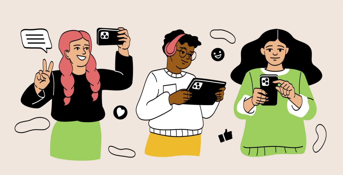 Three young people using digital devices: one taking a selfie, one using a tablet, and one using a phone.
