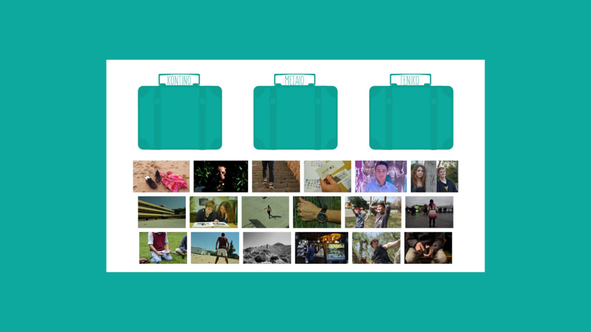 Three teal suitcases labelled 'KONTINO', 'MESAIO', 'GENIKO' above a grid of 18 small images.