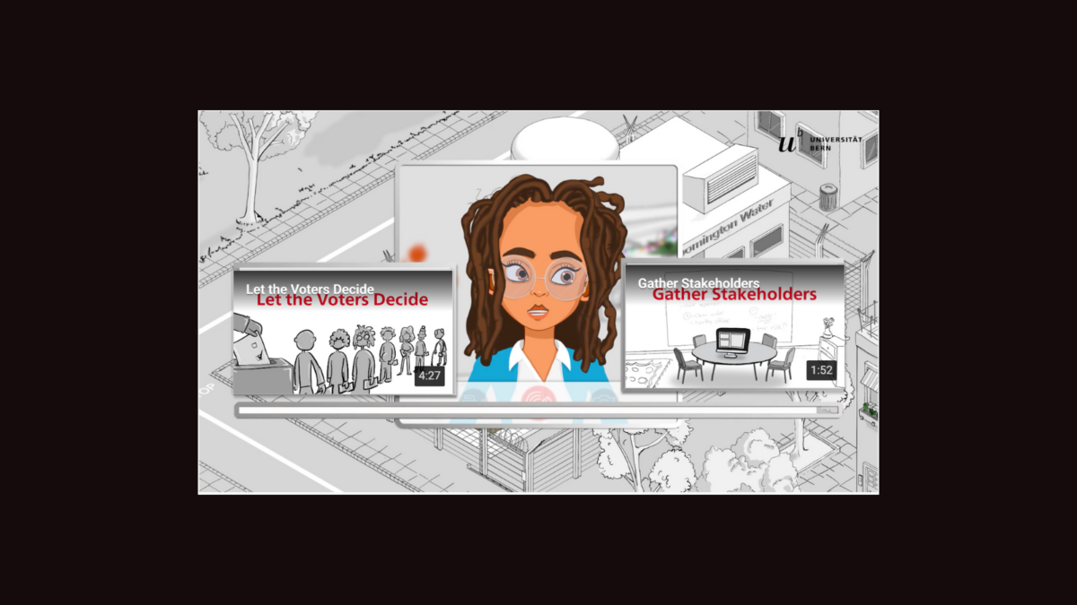 Screenshot of an interactive video with a cartoon woman and two video thumbnails: Let the Voters Decide and Gather