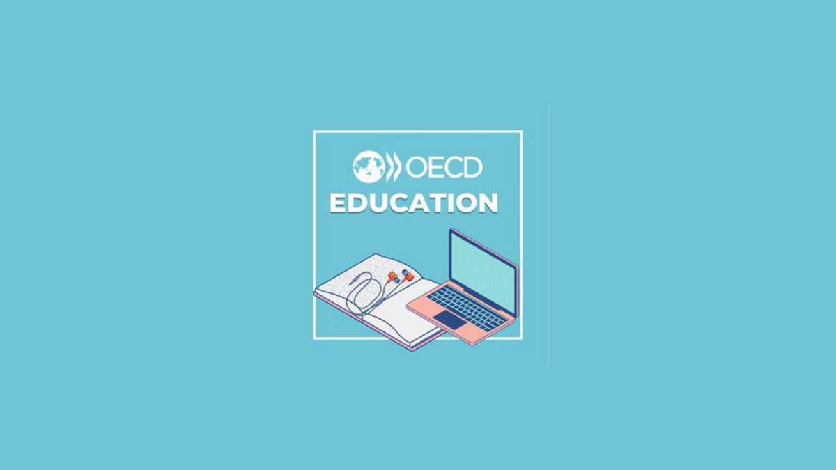 OECD Education logo with an open book, earphones, and a laptop on a light blue background.