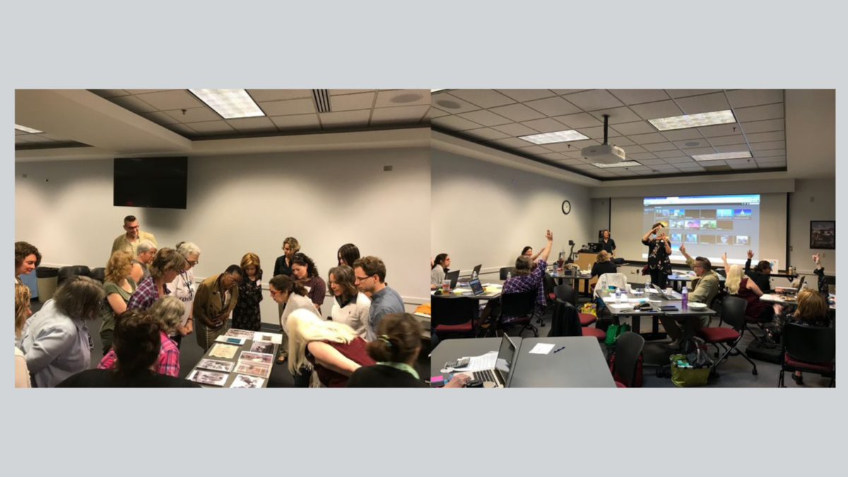 Two images side-by-side: a group of people looking at items on a table, and a classroom with people raising hands.