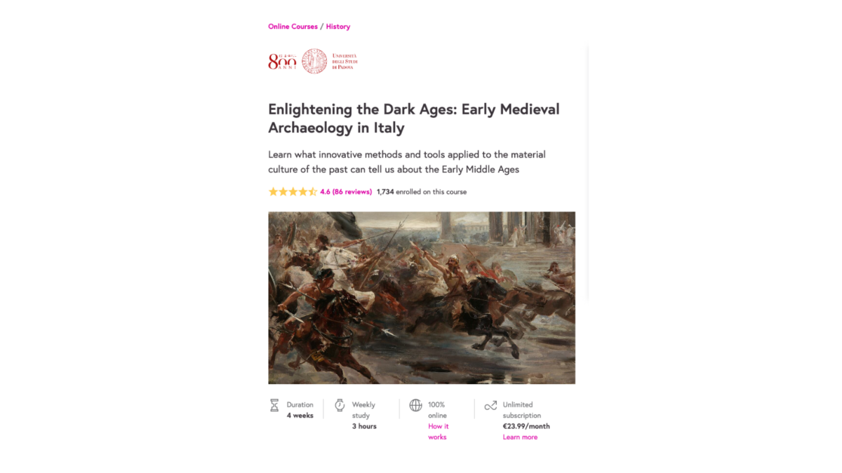 Screenshot of a course page titled Enlightening the Dark Ages: Early Medieval Archaeology in Italy