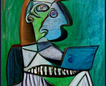 A Picasso painting of a teacher with a laptop in his hands. Image created with craiyon.com