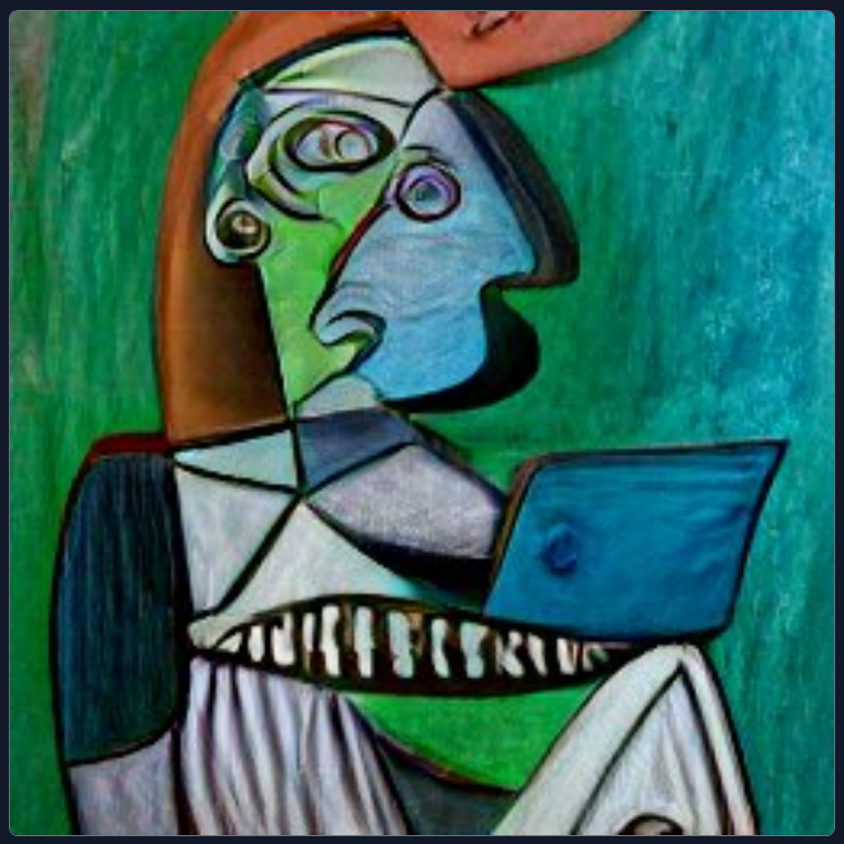 A Picasso-style painting of a person with a laptop, featuring cubist elements and a green background.