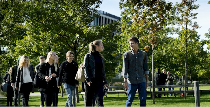 A group of students walking through a park on a sunny day, with trees and a modern building in the background.