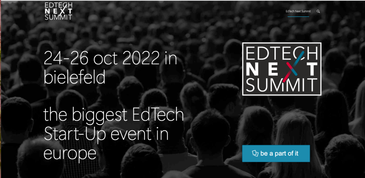 EdTech Next Summit logo and text: 24-26 Oct 2022 in Bielefeld, the biggest EdTech Start-Up event in Europe