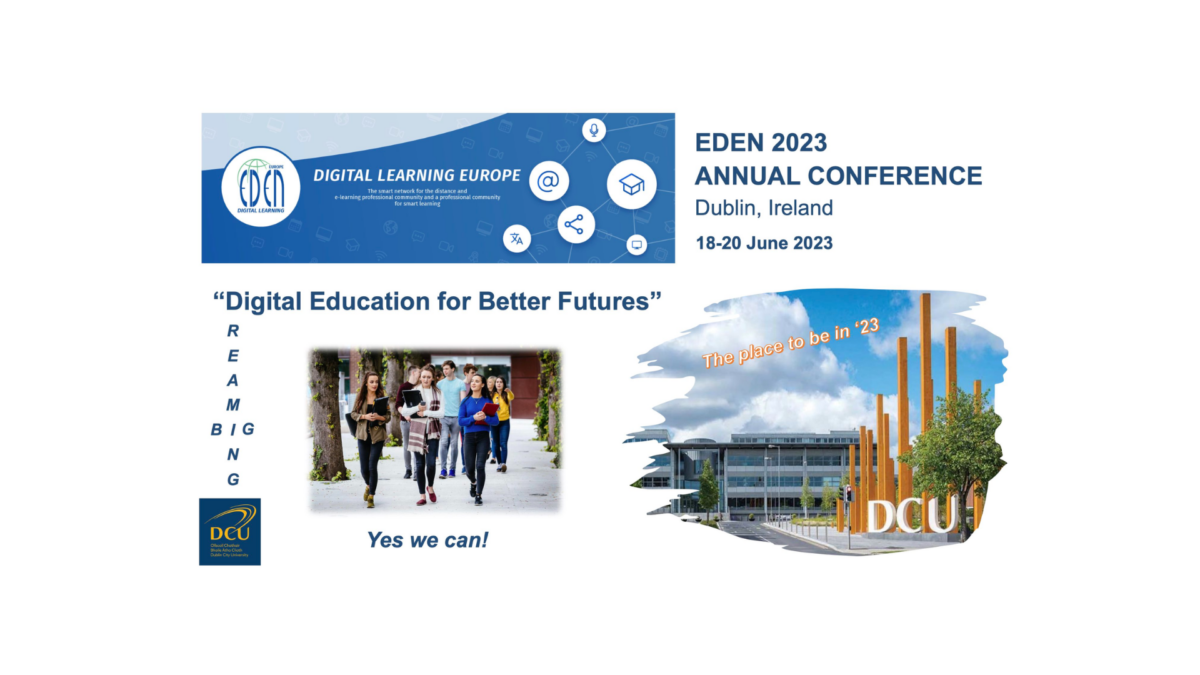EDEN 2023 Annual Conference banner with text "Digital Learning Europe", "Digital Education for Better Futures", "Dreaming