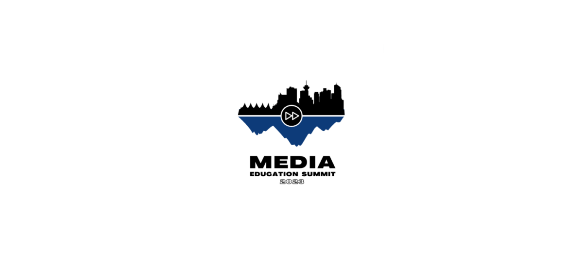 Logo for Media Education Summit 2023, featuring a city skyline above a blue mountain range and a play button icon.