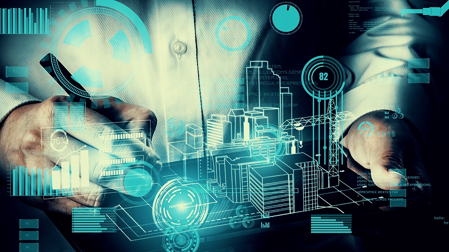 A person's hands interacting with a holographic display showing architectural designs and data visualisations.