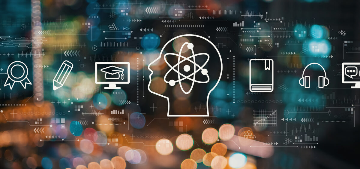 Outline of a human head with an atom inside, surrounded by icons for learning and digital technology.