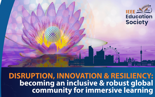 IEEE Education Society logo above a purple lotus flower and a city skyline at sunset. Text: DISRUPTION, INNOVATION &