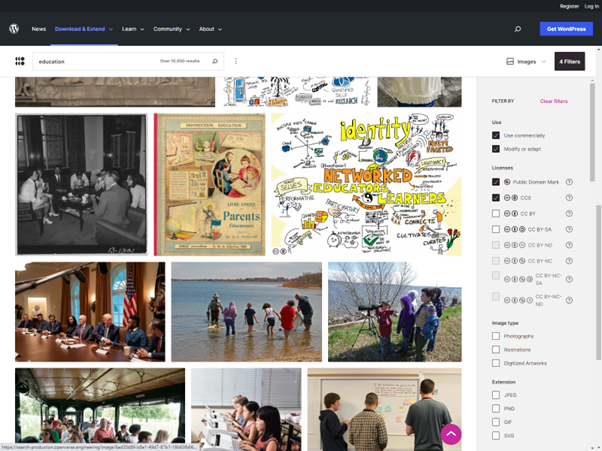 Screenshot of the Openverse search engine showing image results for "education" and filter options.