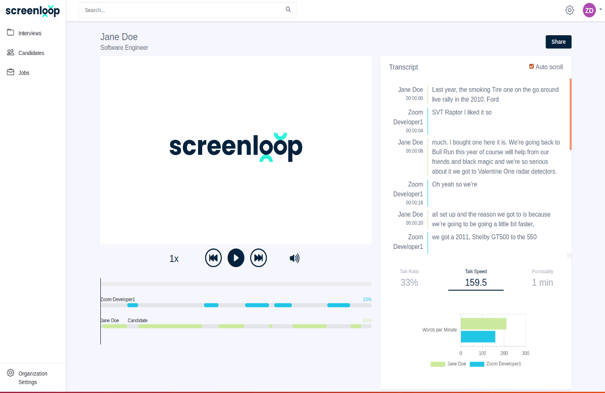 Screenshot of Screenloop interview platform showing a transcript, talk speed, and words per minute.