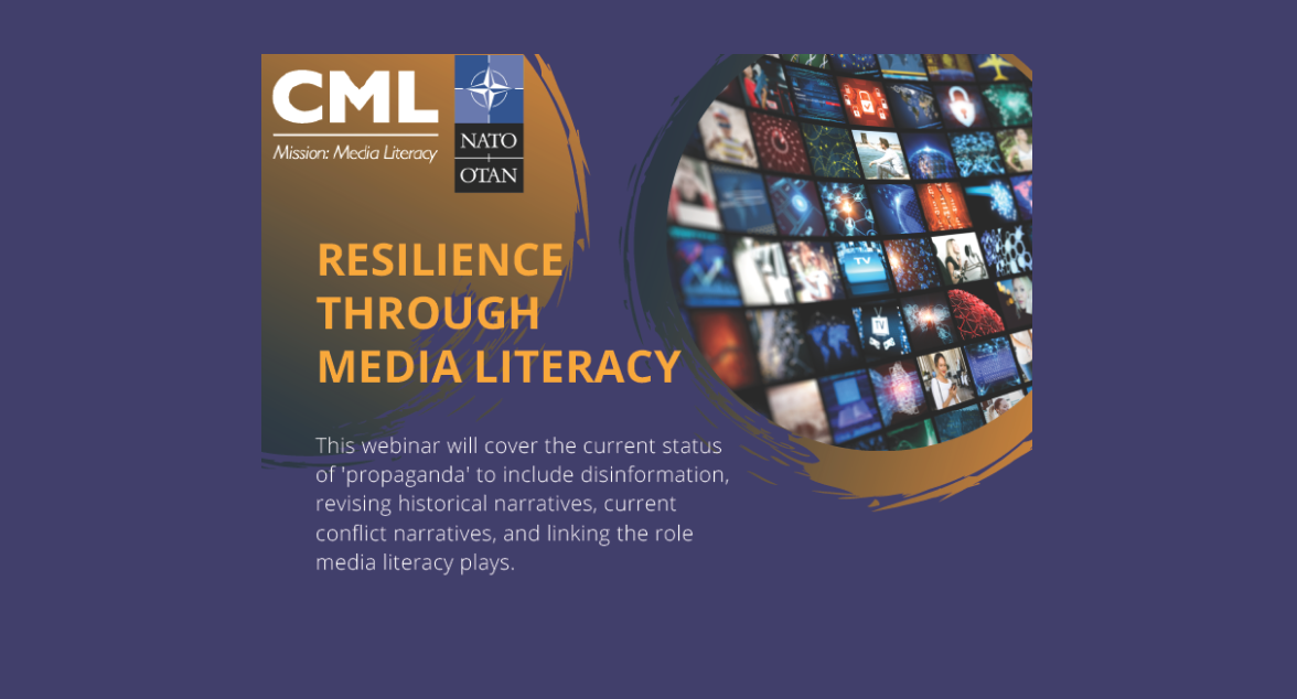 Banner for a webinar on Resilience Through Media Literacy, with CML and NATO logos