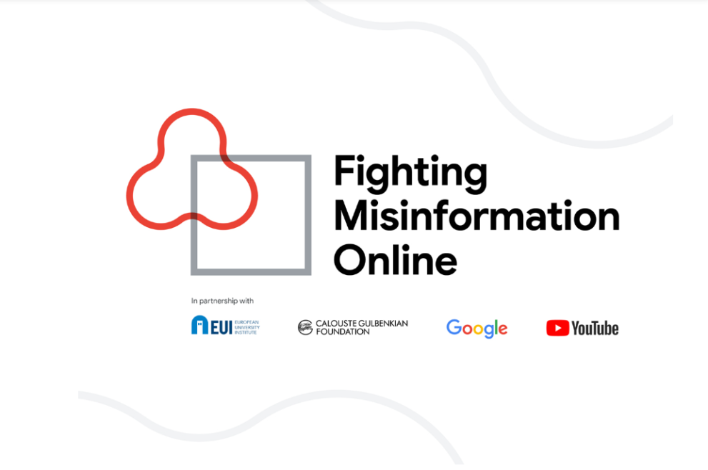 Fighting Misinformation Online text with logos of European University Institute, Calouste Gulbenkian Foundation, Google,