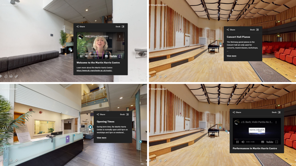 Four screenshots from a virtual tour of the Martin Harris Centre, showing a lobby, a concert hall, and information pop-ups.