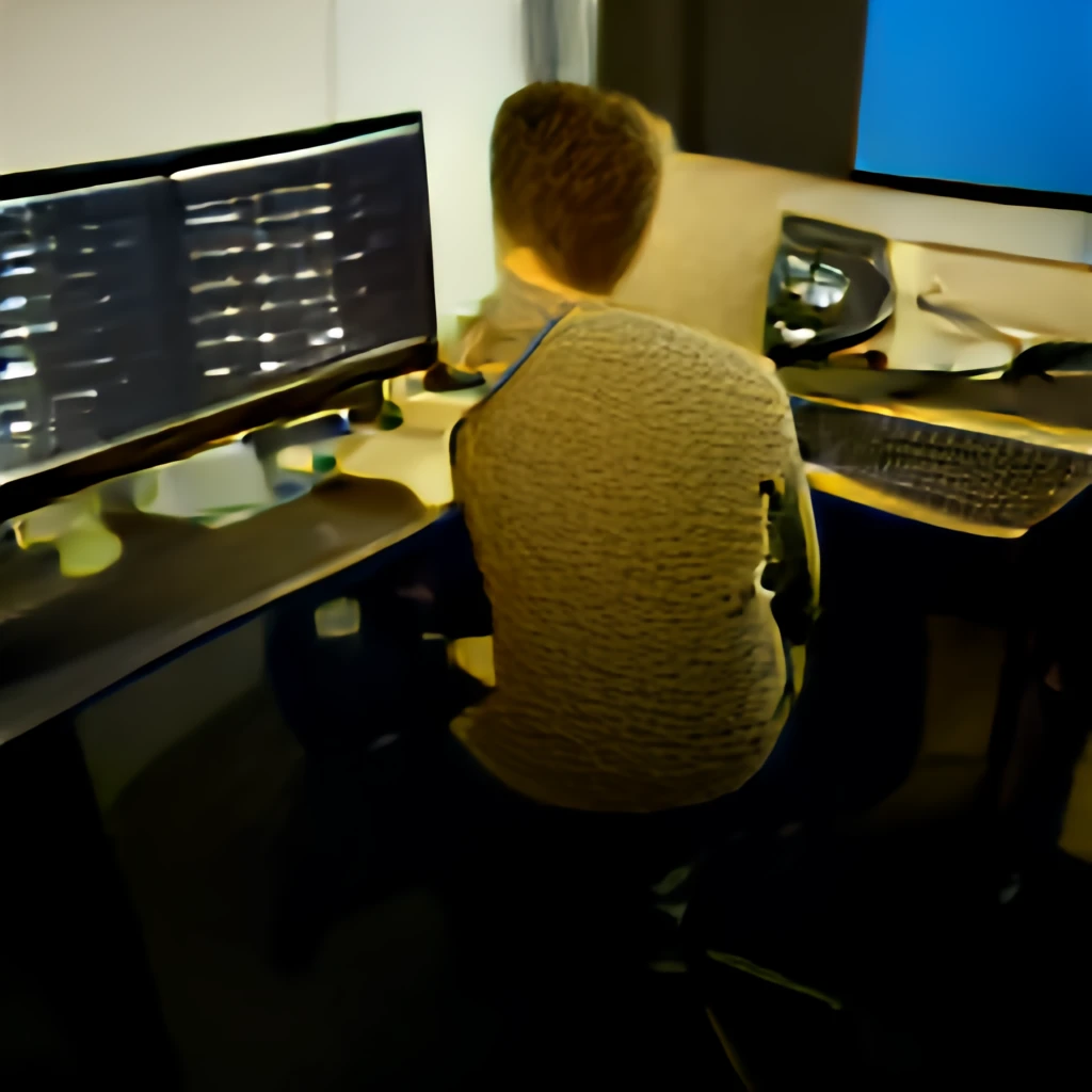 A person with light brown hair, seen from behind, sitting at a desk with two computer monitors.