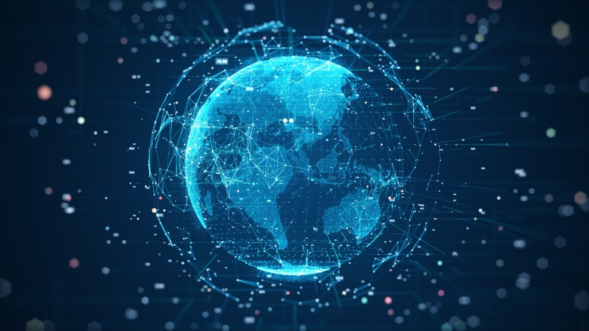 A glowing blue digital globe with a network of interconnected lines and dots, against a dark blue background.