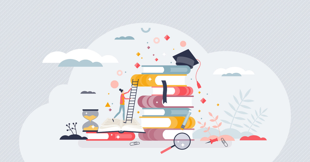 Illustration of a person climbing a ladder on a stack of books towards a graduation cap.