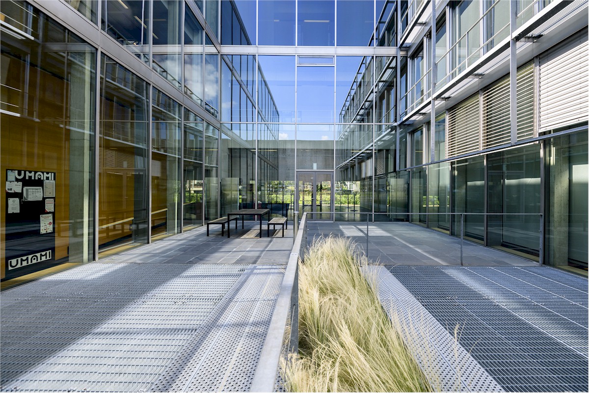 Modern building with glass walls, a central courtyard with outdoor seating, and a strip of tall grass.
