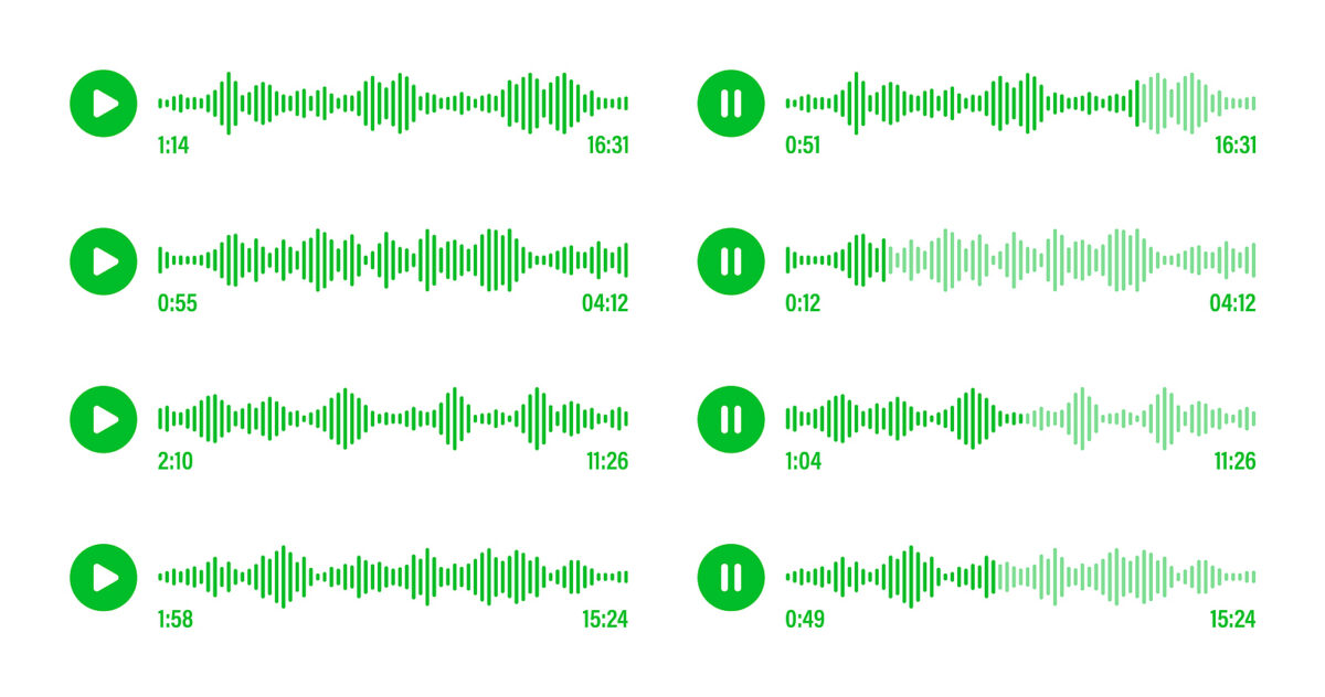 Eight green audio waveforms, four with a play button and four with a pause button, showing different durations.