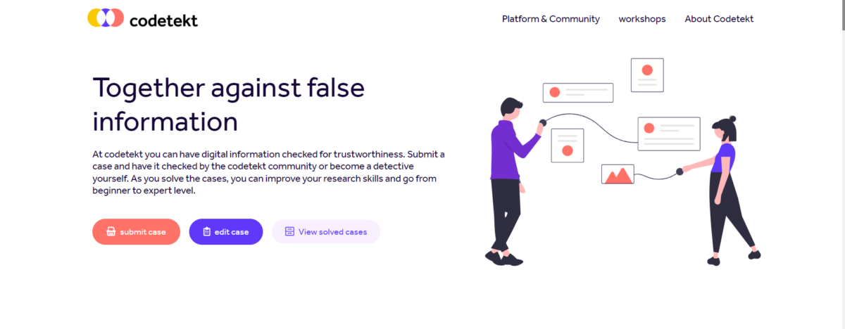 Screenshot of the Codetekt website with the headline "Together against false information" and two people interacting with