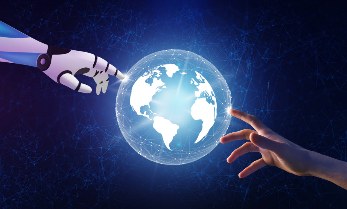 A robot hand and a human hand touching a glowing, networked globe, symbolising AI and humanity.