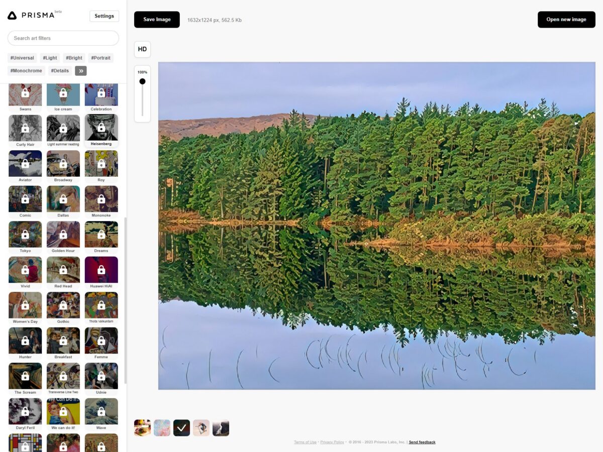 Screenshot of the Prisma web application showing a landscape photo of a forest and lake, with filter options