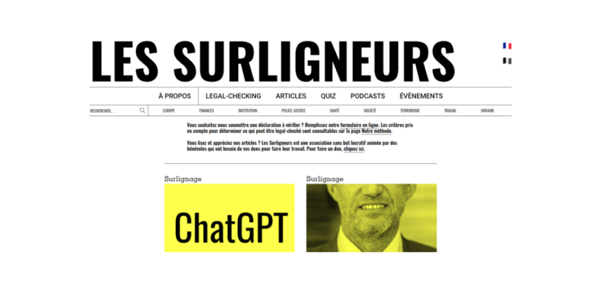 Screenshot of the Les Surligneurs website, showing its logo, navigation menu, and two highlighted articles.