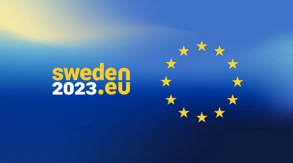 Sweden 2023.eu text in yellow and white on a blue background with the European Union stars
