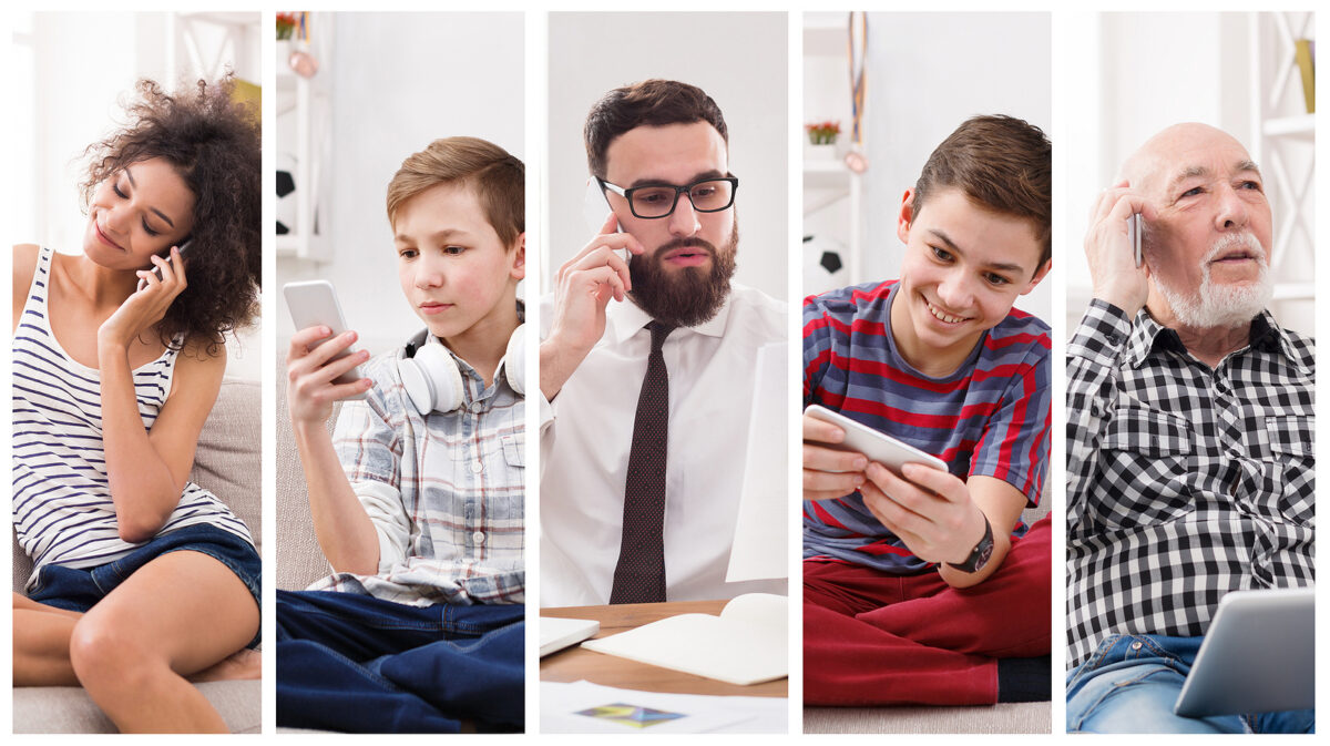 Collage of five people of different ages using mobile phones and tablets, including a woman, two boys, a man, and an