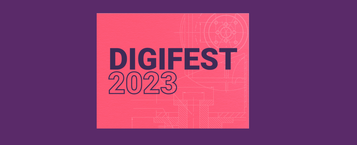 Digifest 2023 logo on a pink background with faint technical drawings, surrounded by a purple border