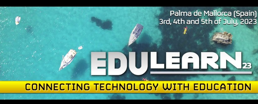 EDULEARN 23 logo over an aerial view of boats in turquoise water, with event details: Palma de Mallorca (Spain), 3rd, 4th