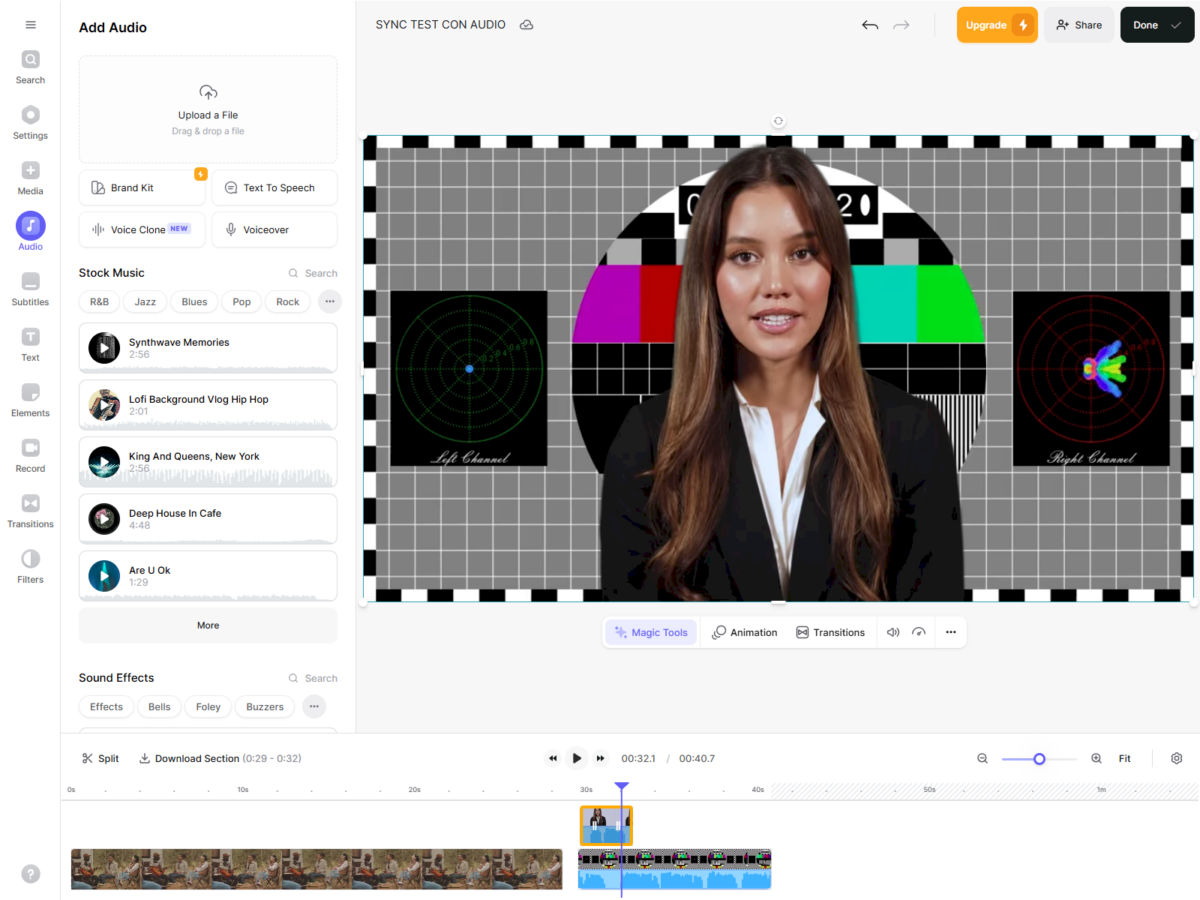 Screenshot of the Veed.io online video editor interface, showing a woman on a test pattern background.